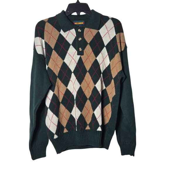 Vintage Ivy Crew Mens Green Argyle Polo Sweater Size Medium Academia Preppy Golf - Picture 1 of 8